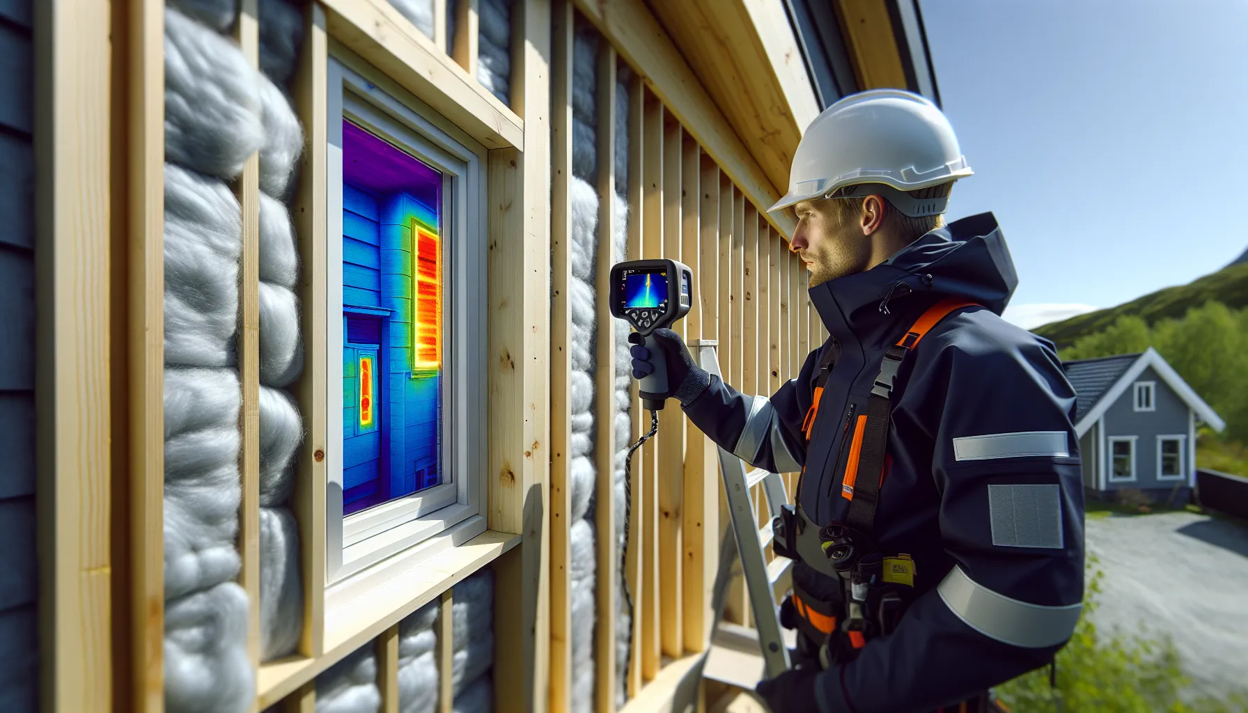 Contractor uses thermal camera on norwegian house wall during windy rain.