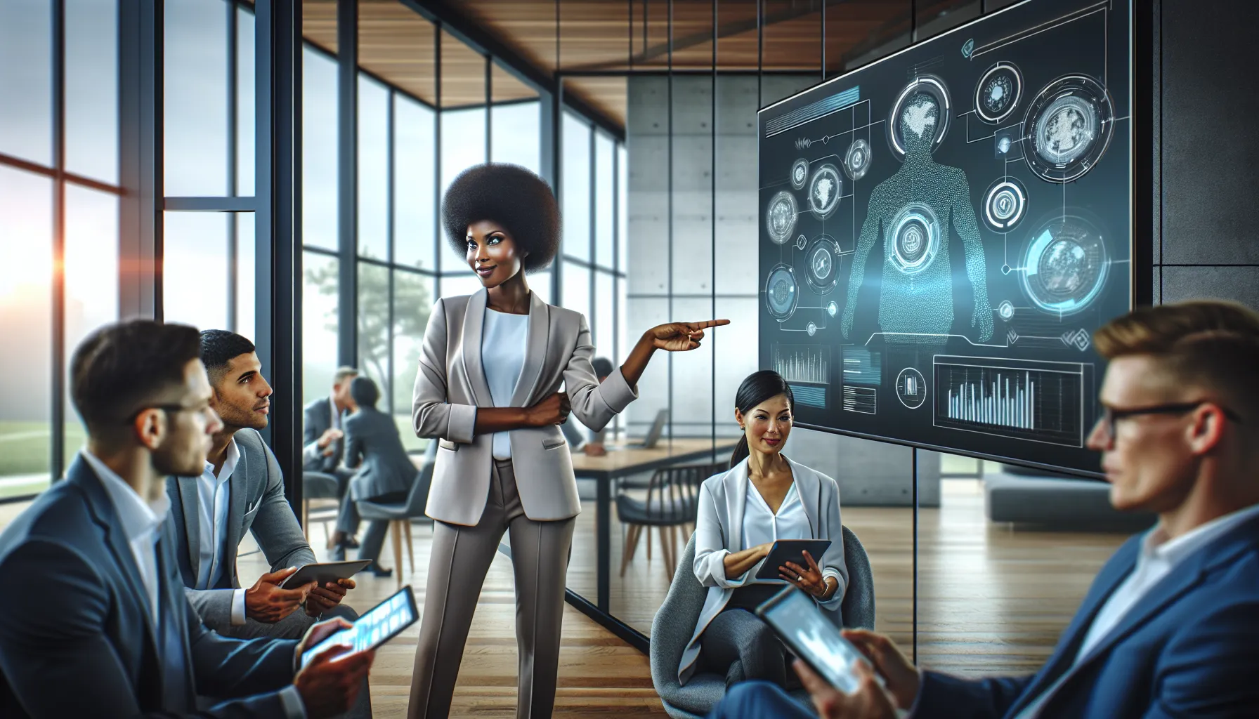 diverse professionals discussing data identifiers in a modern office