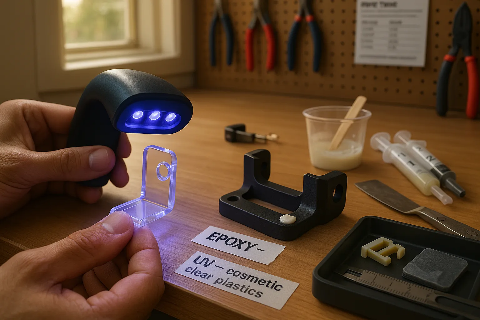 Hands curing clear UV resin on a plastic bracket while epoxy fills a drone mount gap.