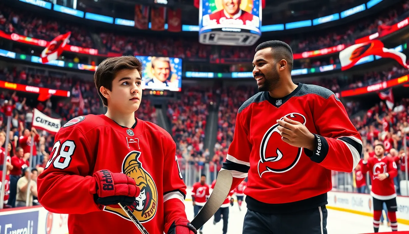 Alex DeBrincat and P.K. Subban discussing recent NHL trades in a lively arena.