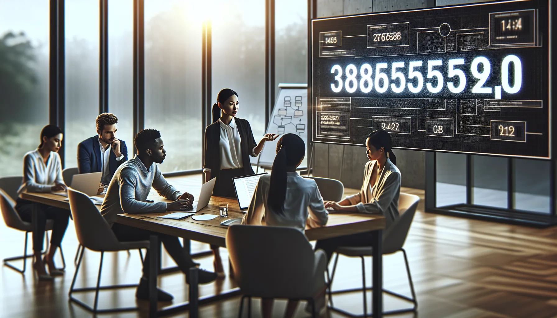diverse team discussing the significance of a number in a modern office.
