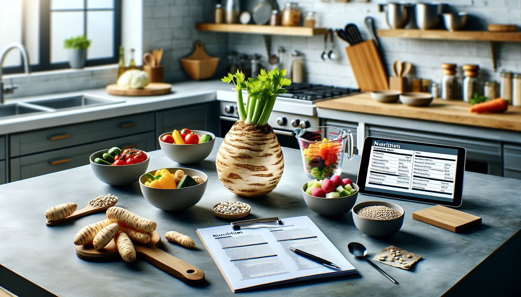 Fresh celery root with nutrition information in a modern kitchen.