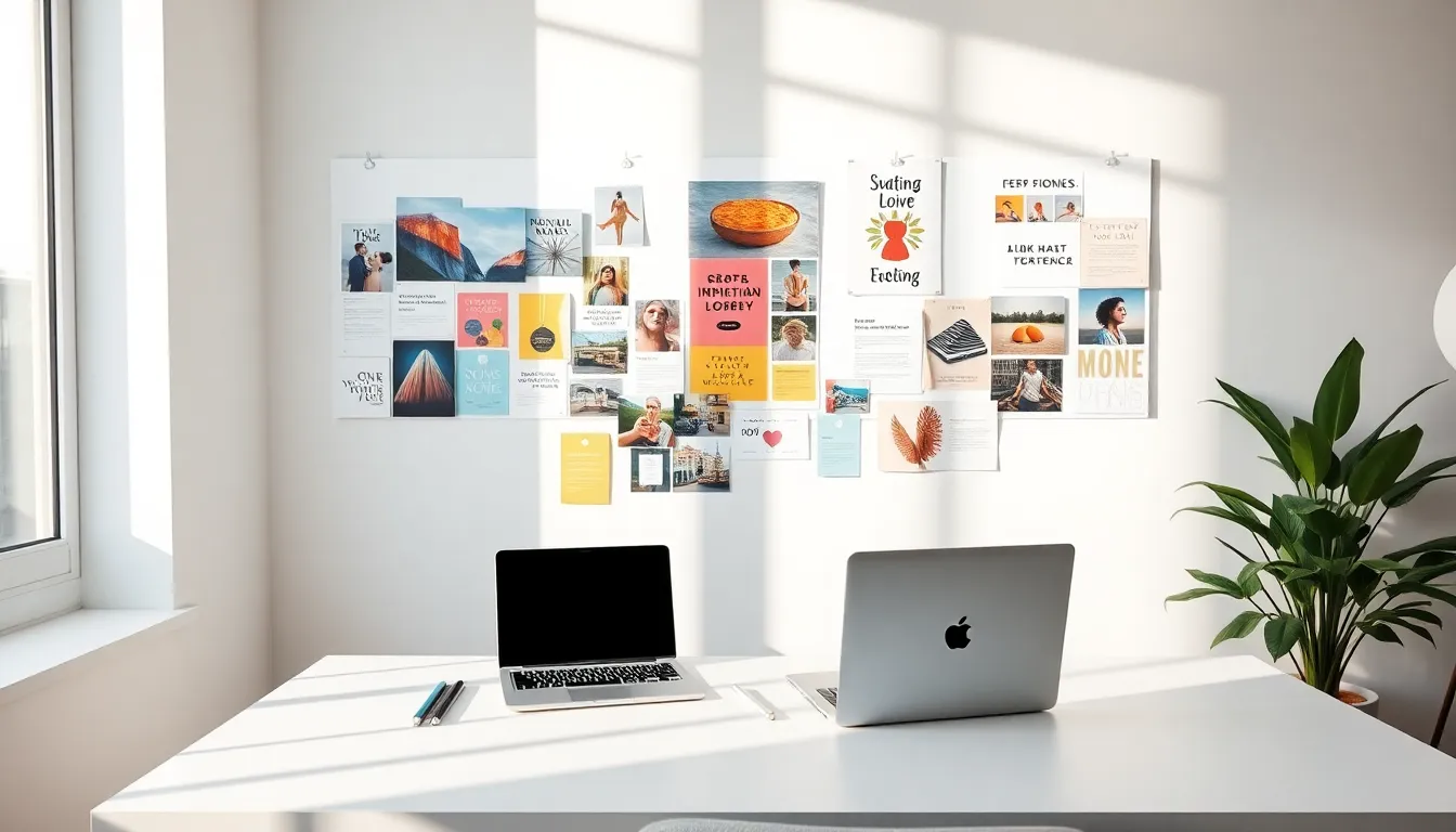 a modern workspace with an inspiration board full of images and quotes.
