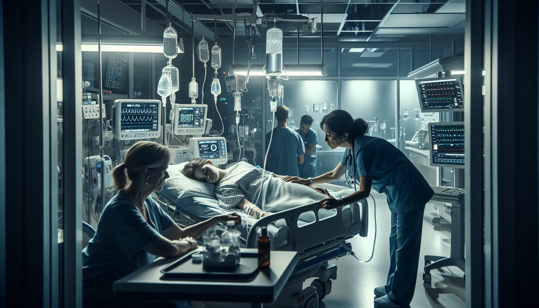 An ICU scene with a patient on a bed and healthcare workers attending to her.
