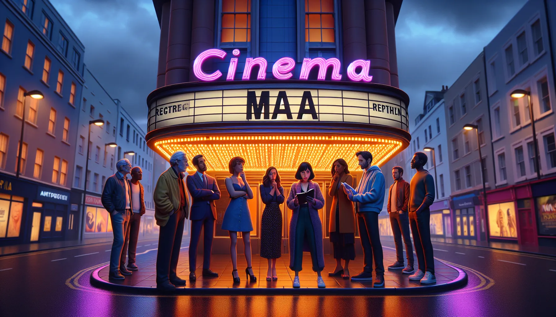 people discussing MA and R film ratings outside a cinema marquee.