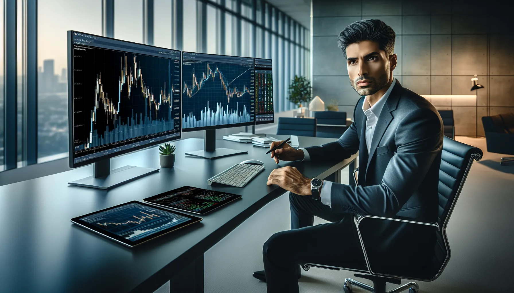 Professional trader actively monitoring live market trends on multiple screens in modern office.