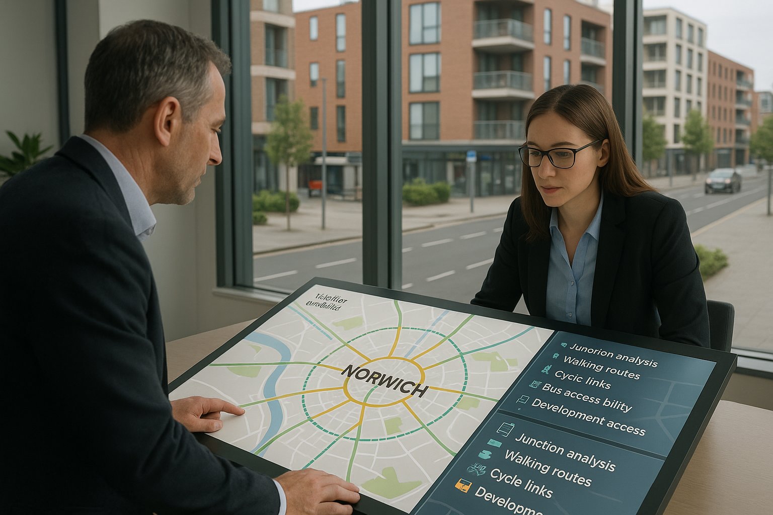 Transport planners reviewing Norwich development access, roads, walking and cycling connections.