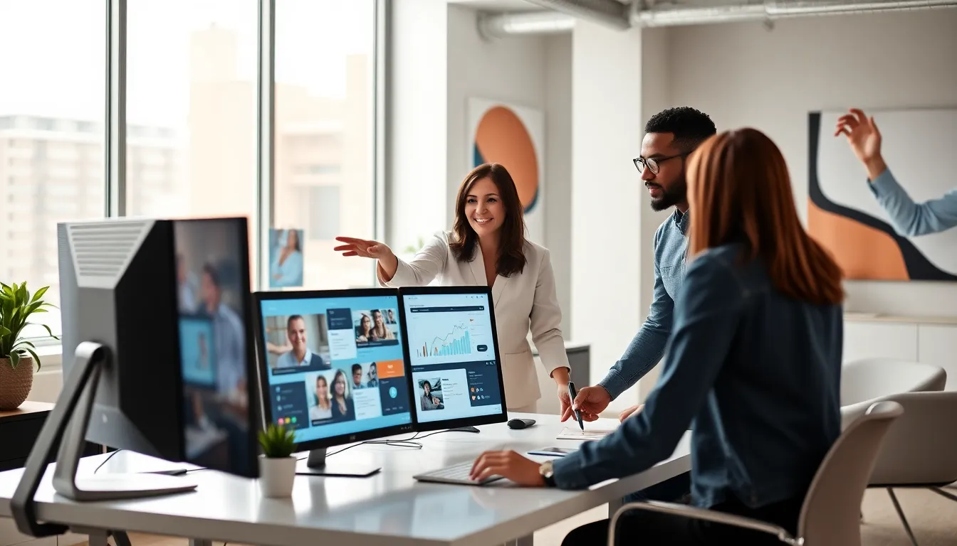 diverse team collaborating in a modern office on digital projects.