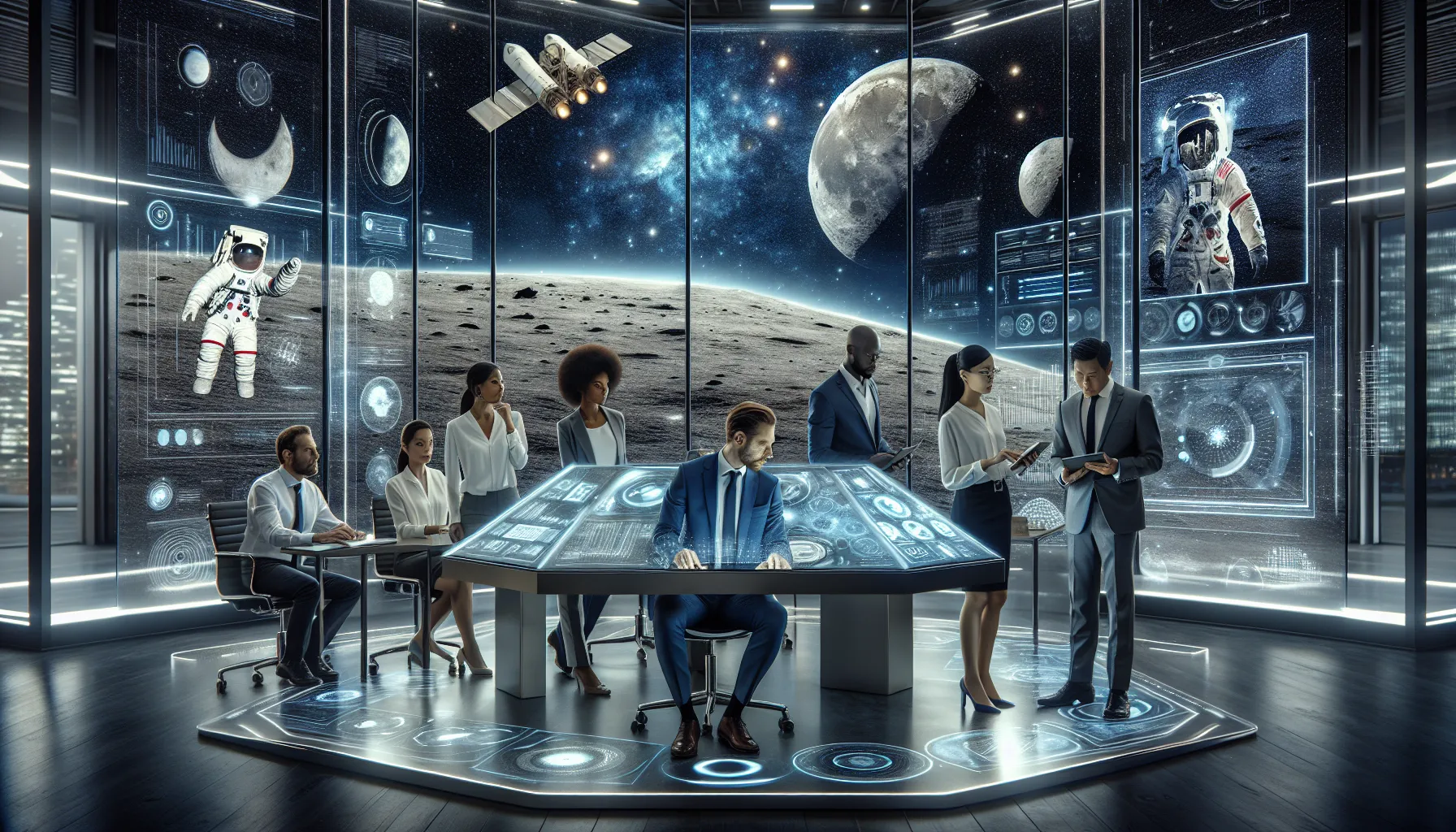 professionals analyzing space age technology in a modern workspace.