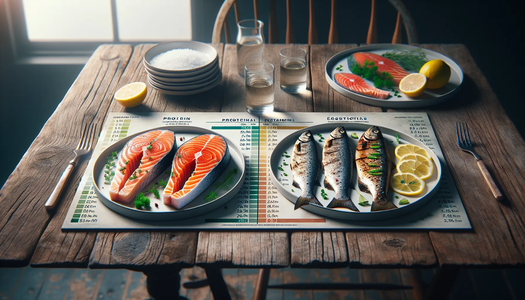 Grilled salmon and trout plates with a nutritional comparison backdrop.