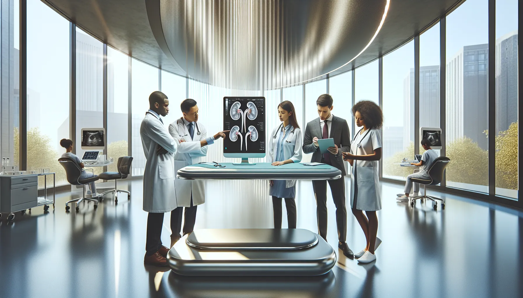 medical team discussing kidney stone diagnosis in a modern clinic.