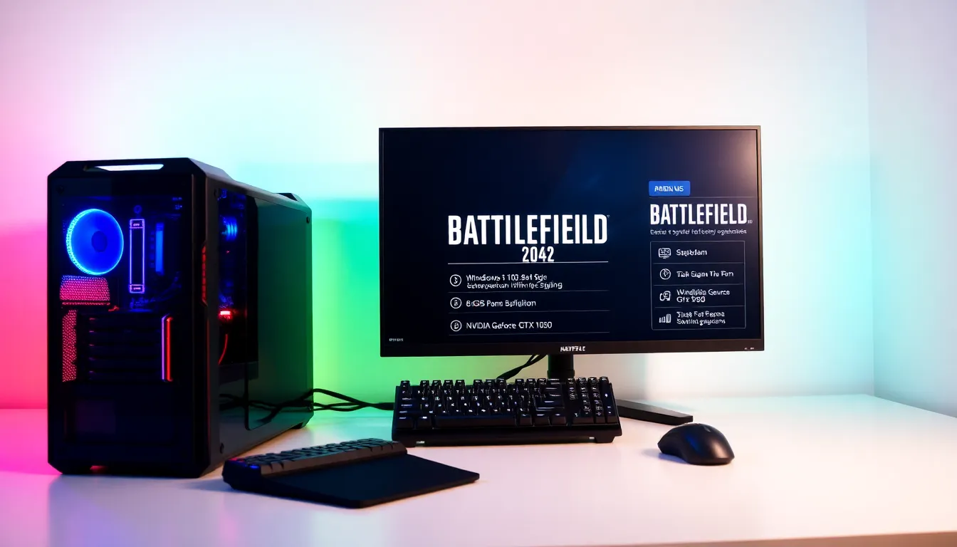 gaming setup displaying Battlefield 2042 system requirements infographic.