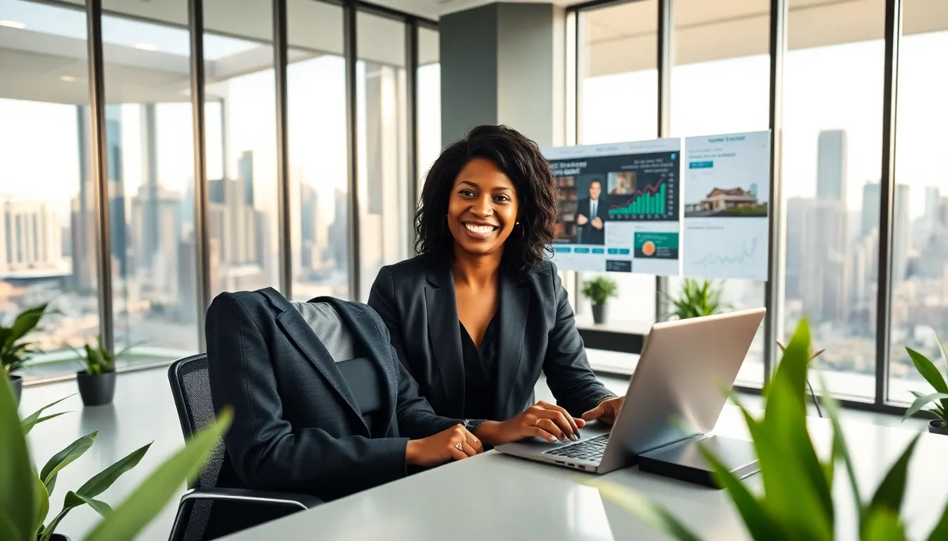 a modern real estate office with a friendly agent discussing property sales.