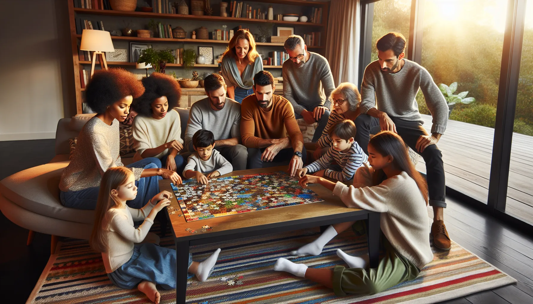 family working together on a 300-piece puzzle in a cozy living room.