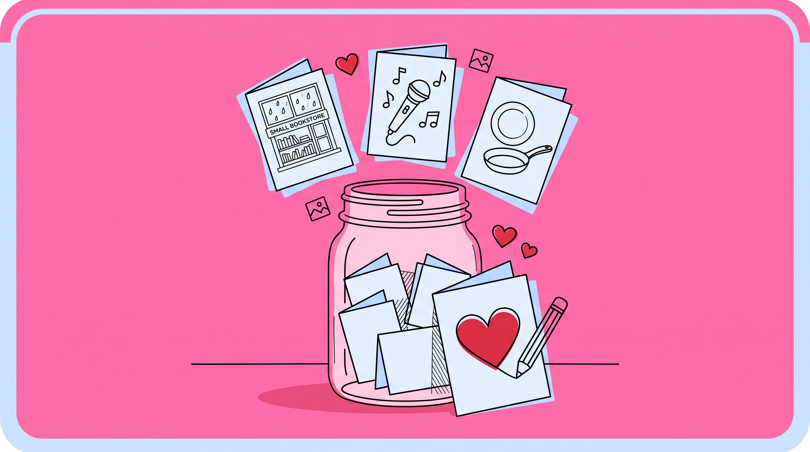 A jar filled with illustrated cards celebrating shared memories for a boyfriend.