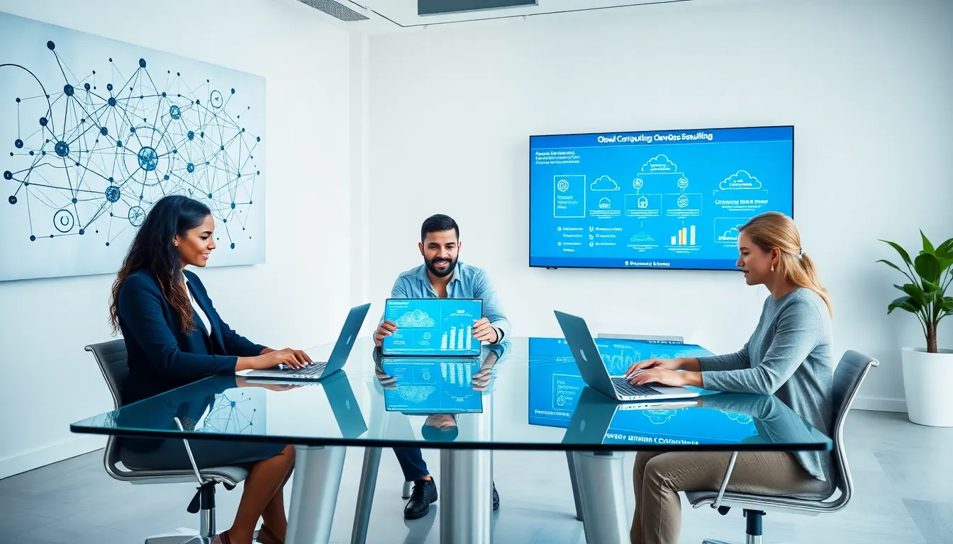 diverse team collaborating on cloud DevOps consulting in a modern office.