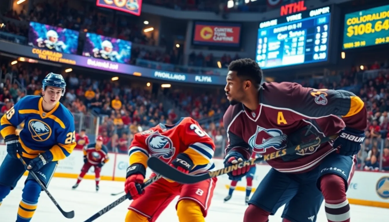 hockey players in action during an NHL game with cheering fans.