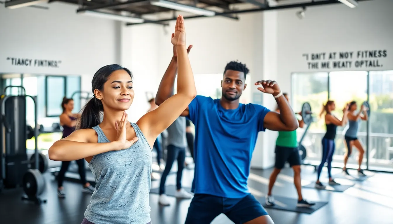 diverse group working out in a modern fitness studio.