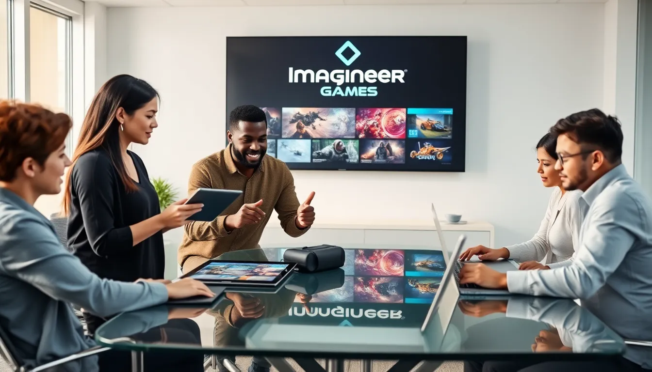 diverse team brainstorming ideas for Imagineer Games in a modern office.