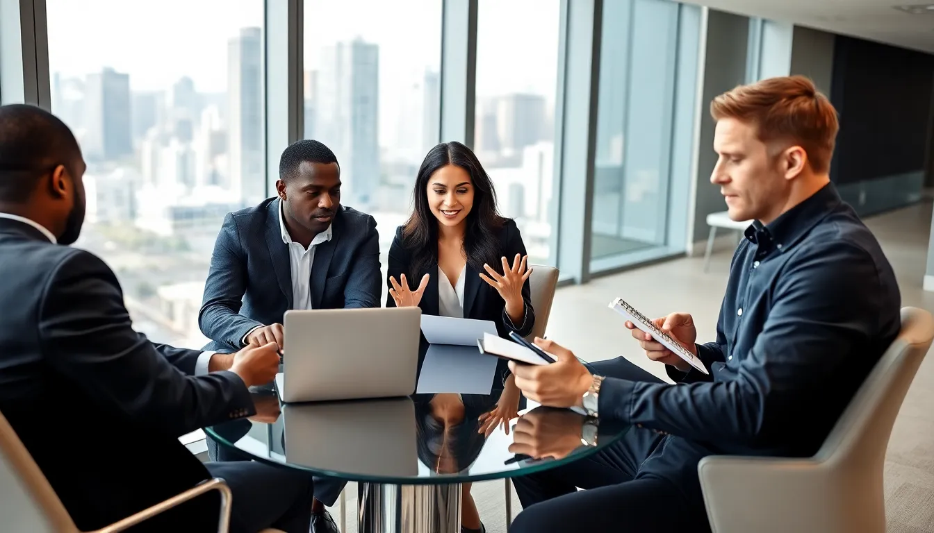 Professionals collaborating on effective email communication in a modern office.
