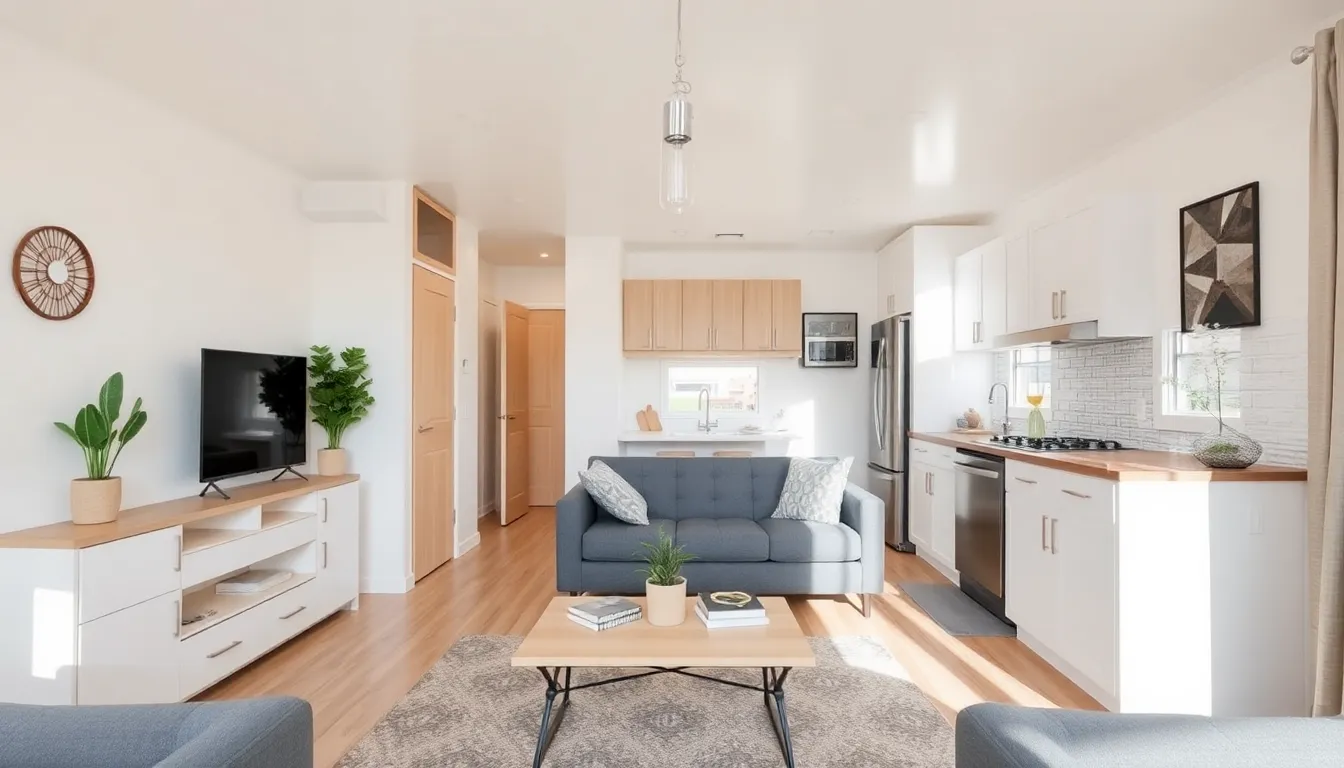 renovated mobile home interior with modern decor and efficient layout.