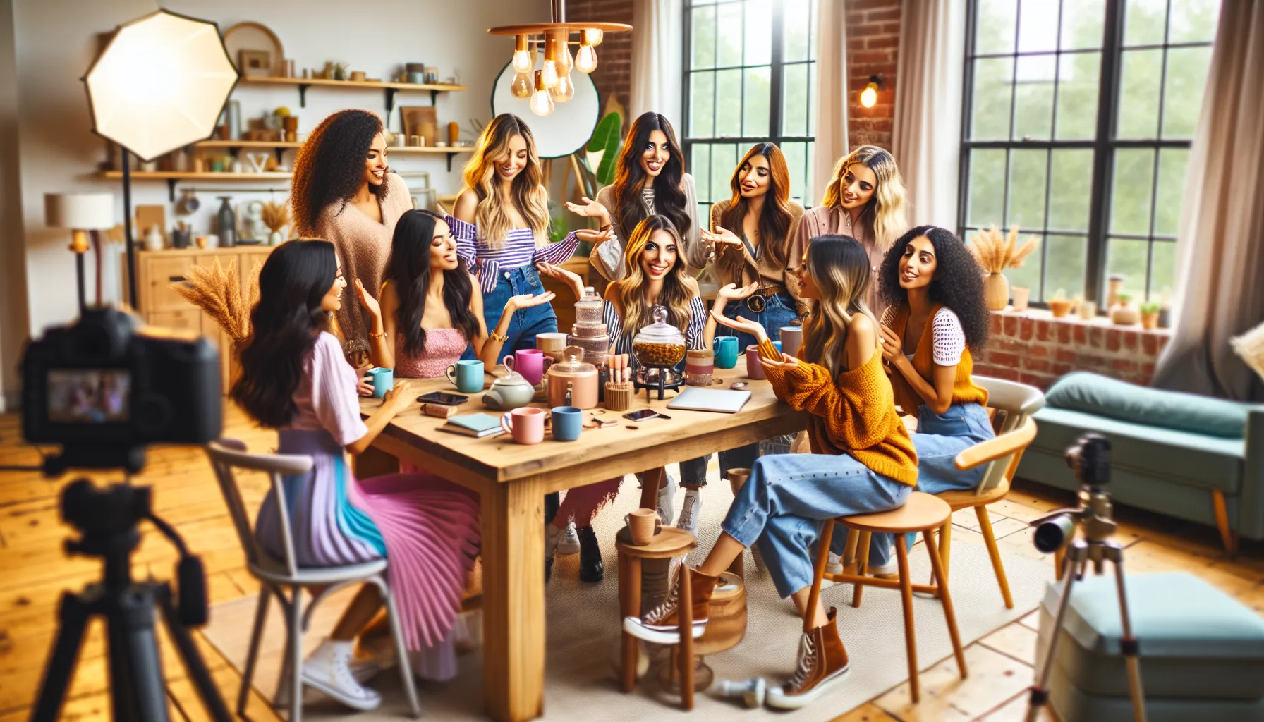 diverse women sharing beauty tips in a bright, modern workspace.