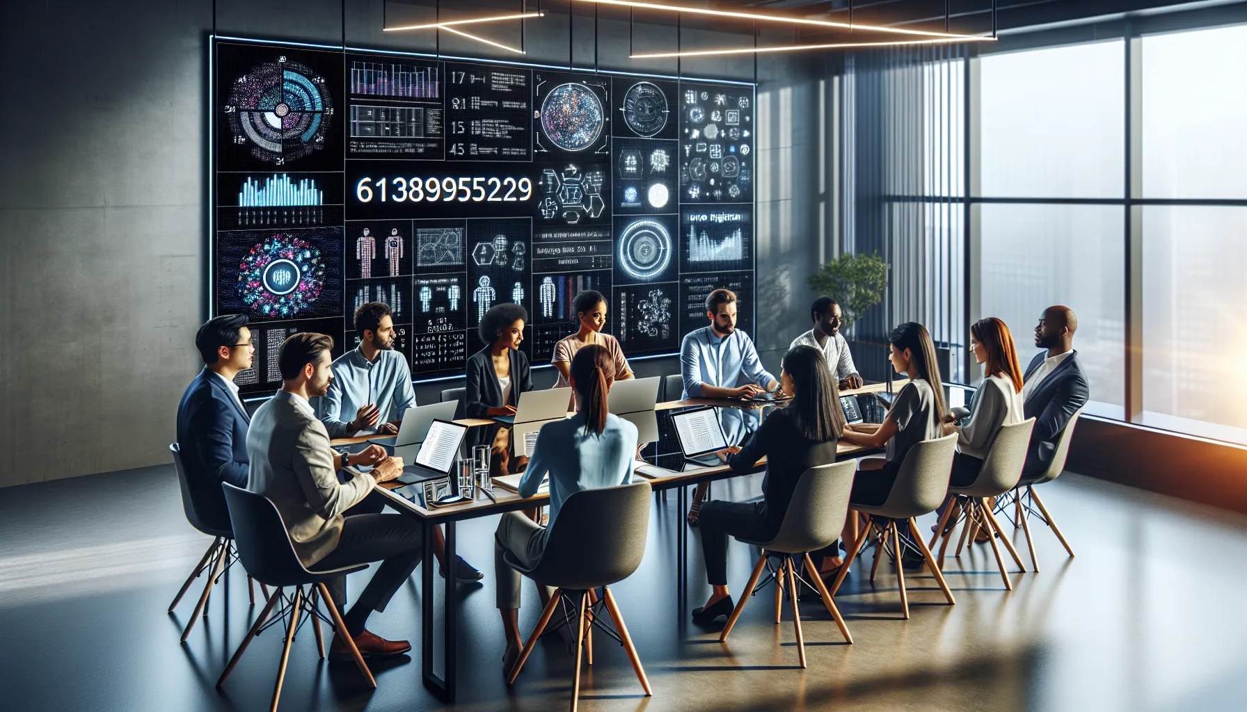 diverse professionals brainstorming in a modern office about numerical patterns.