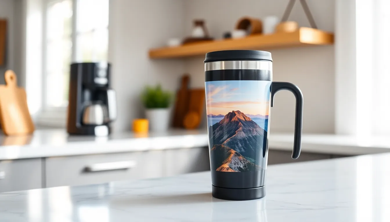 personalized photo travel mug on a countertop.