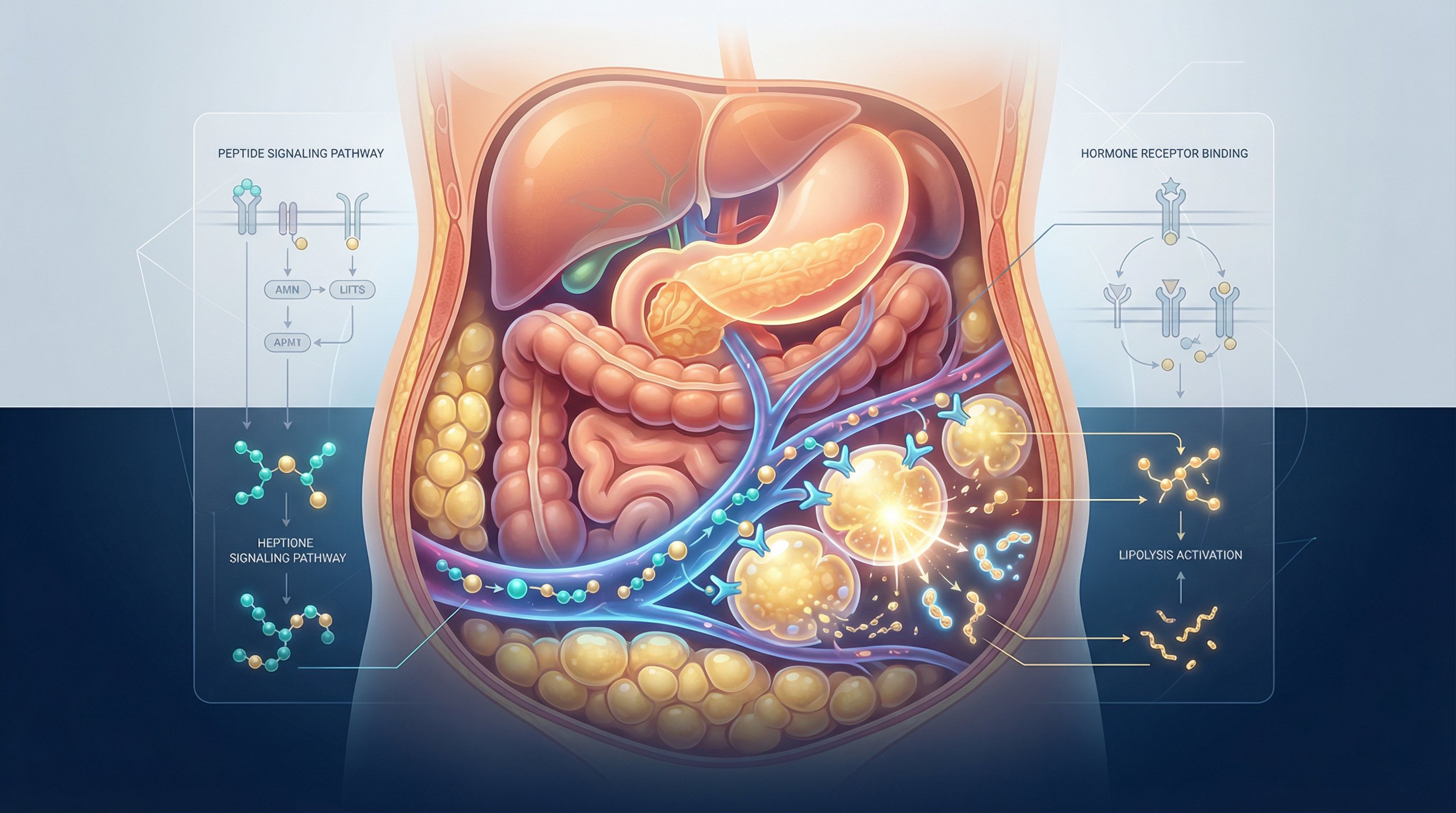 Peptide molecules binding to hormone receptors on visceral belly fat cells.