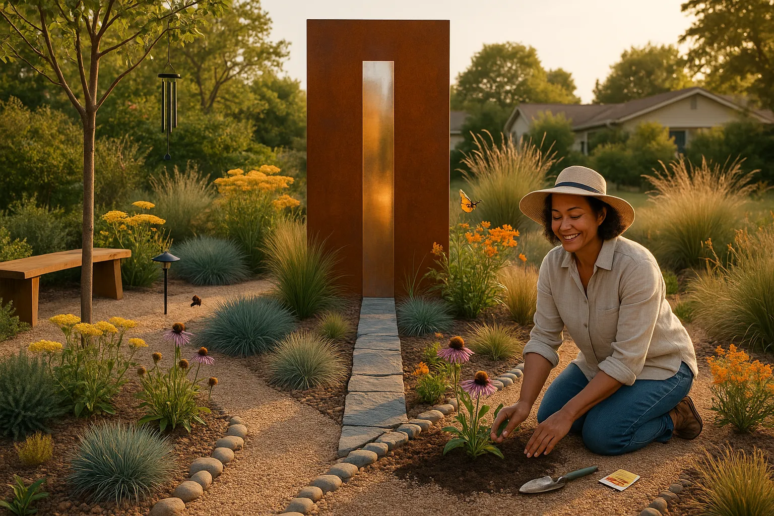 Homeowner planting natives beside a rusted steel reflective garden panel.
