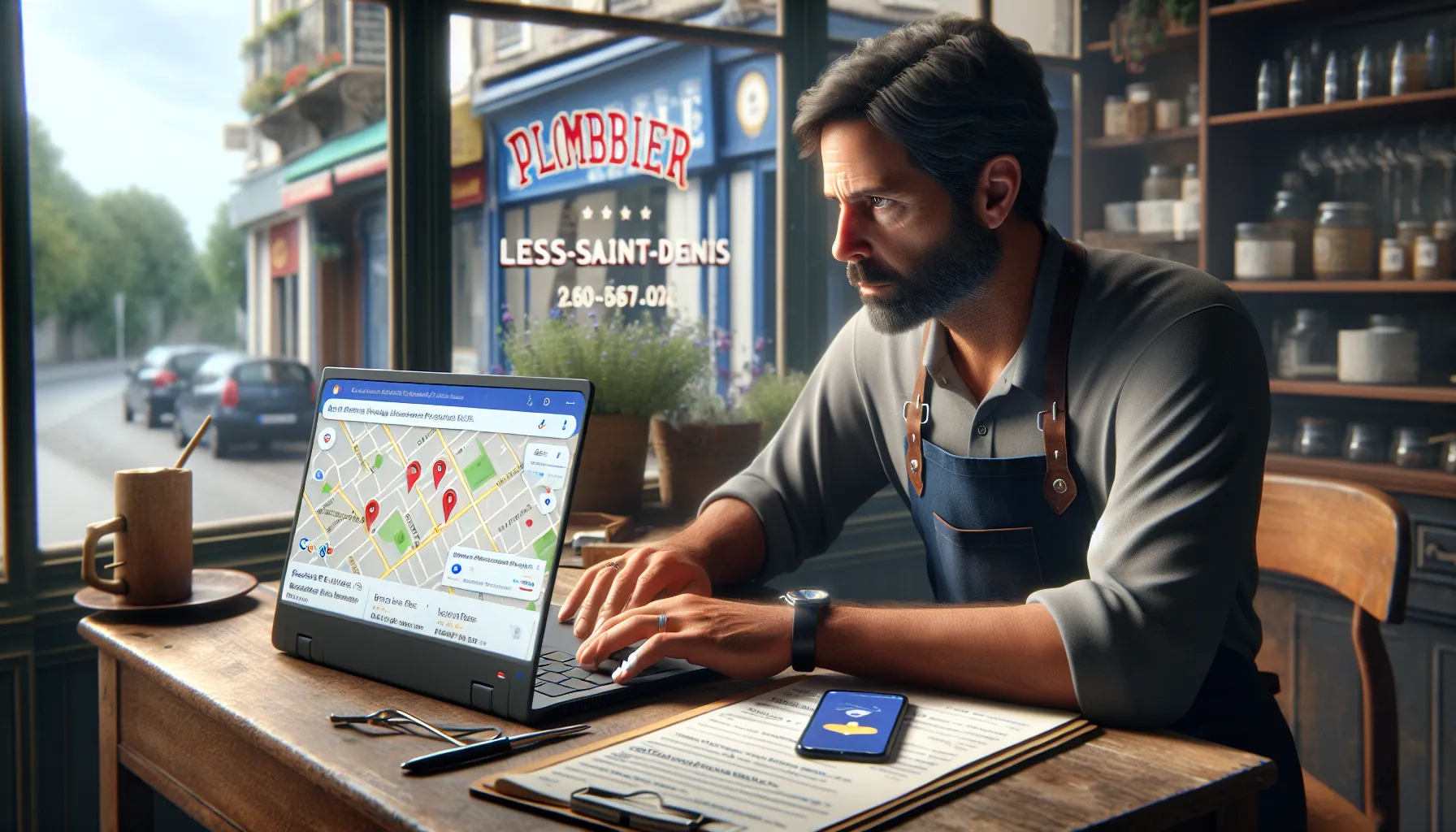 French small business owner checks local Google search results on laptop in shop.