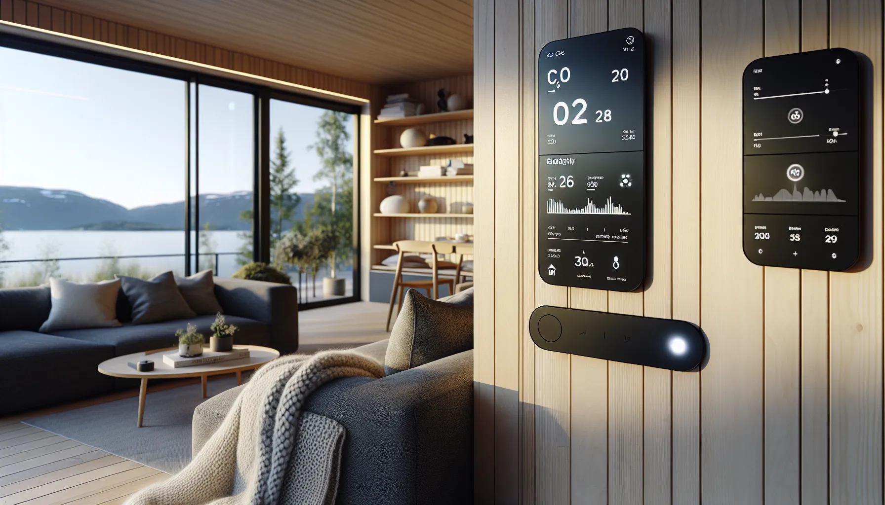 De nyeste trendene innen smarthusteknologi for boliger 2 Smart thermostat in a nordic living room automates blinds, ventilation, and heating.