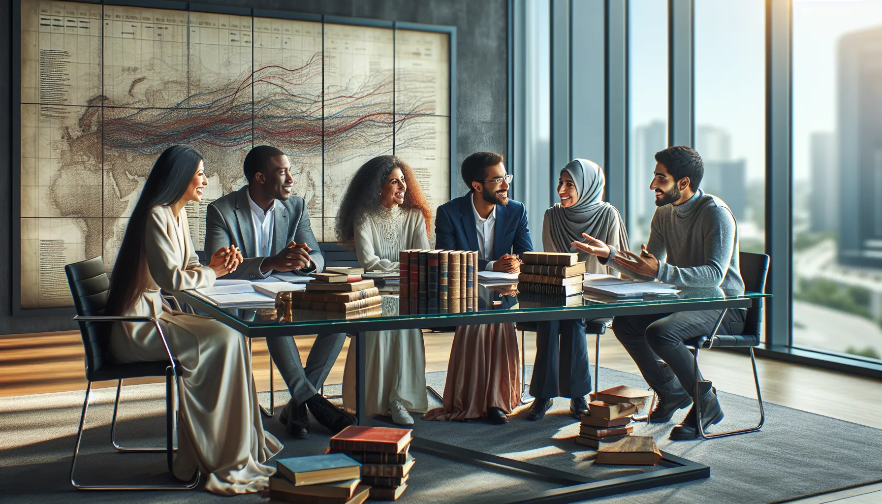 diverse scholars discussing historical and cultural significance in a modern office.