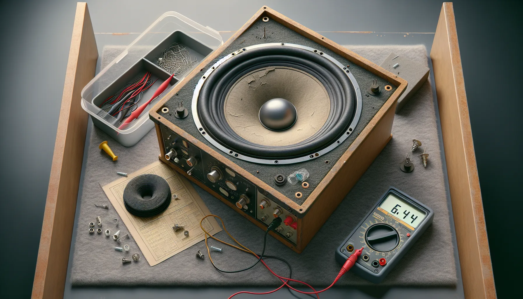 Hvordan restaurere gamle høyttalere 2 Old woofer measured with multimeter on a tidy, well-lit norwegian workbench.
