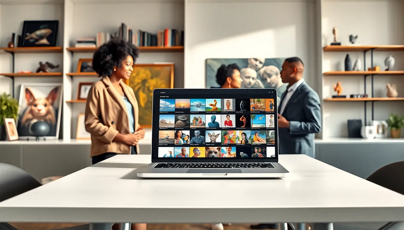 diverse professionals exploring an online art directory in a modern office.