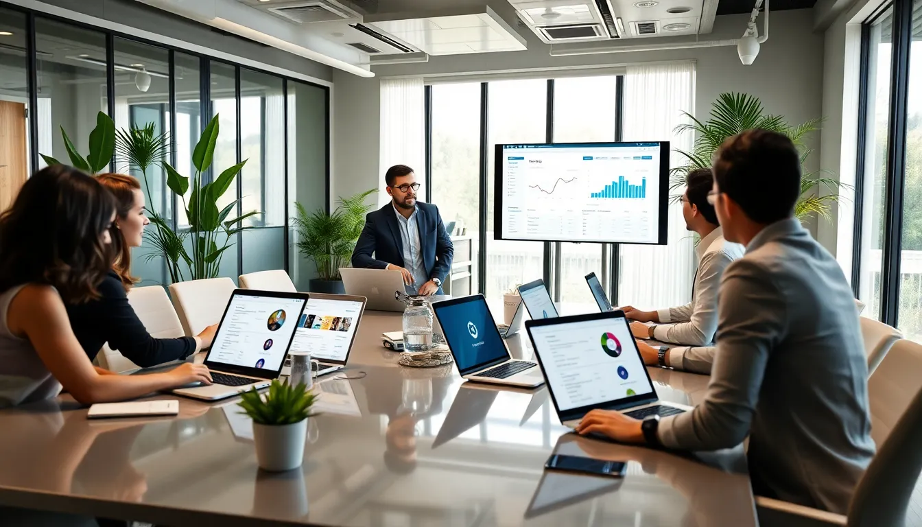 diverse team collaborating with software apps in a modern office.