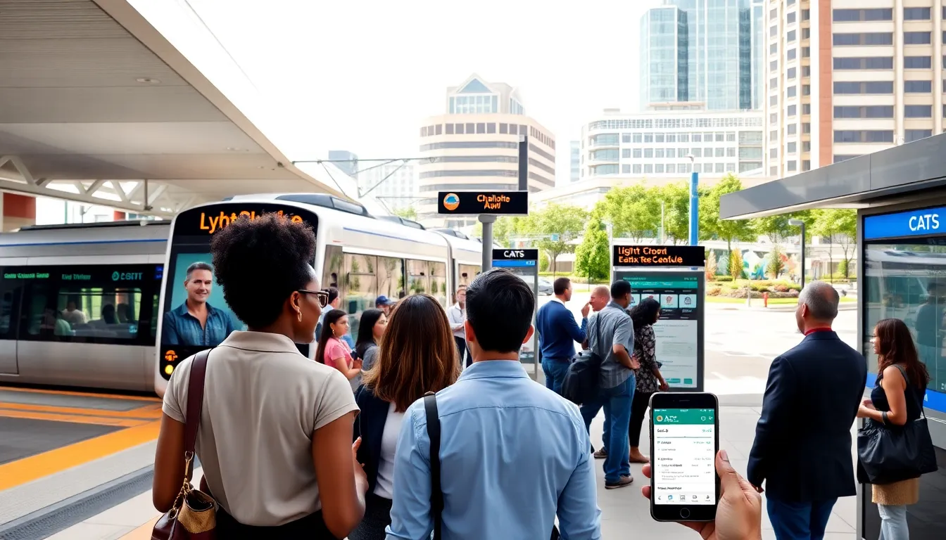 Diverse commuters at a modern Charlotte transit station.