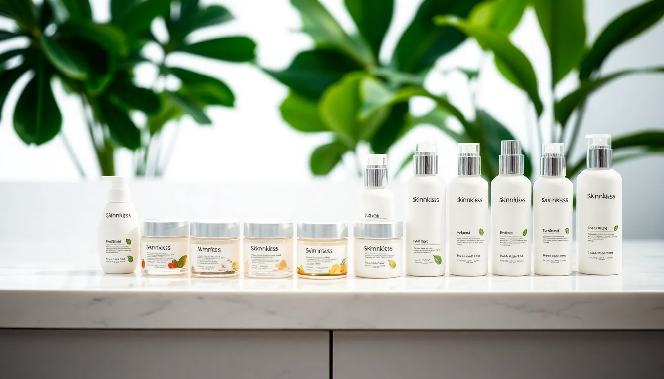 colorful skincare products displayed on a marble countertop.