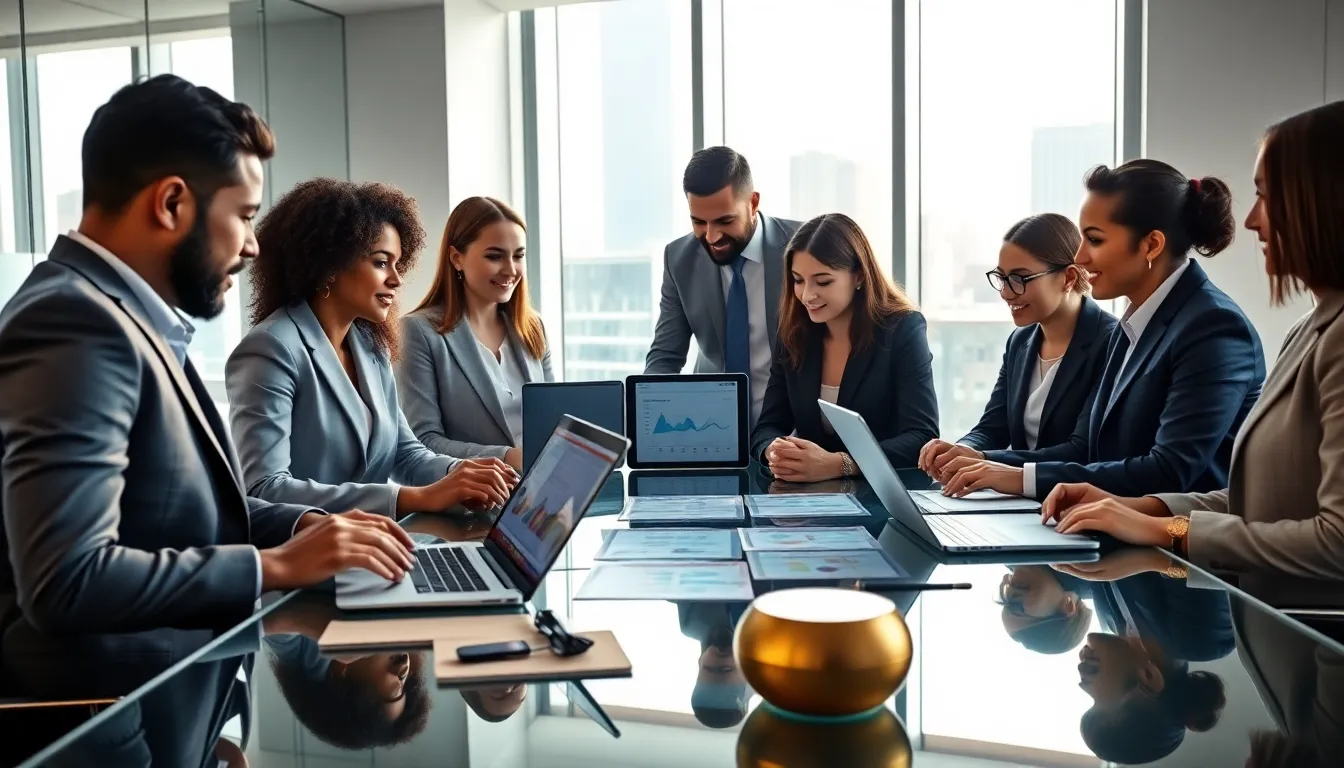 diverse team strategizing in a modern digital marketing office.