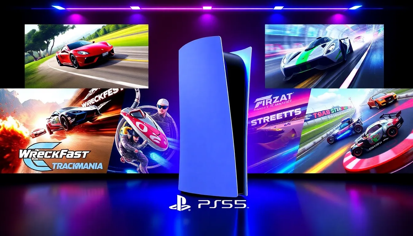 Collage of top free racing games on PS5 with dynamic visuals.