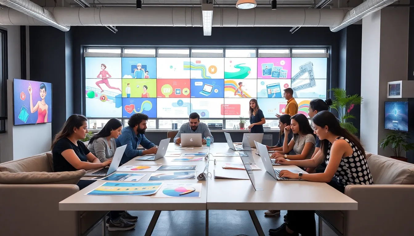 diverse team collaborating in a modern multimedia studio.