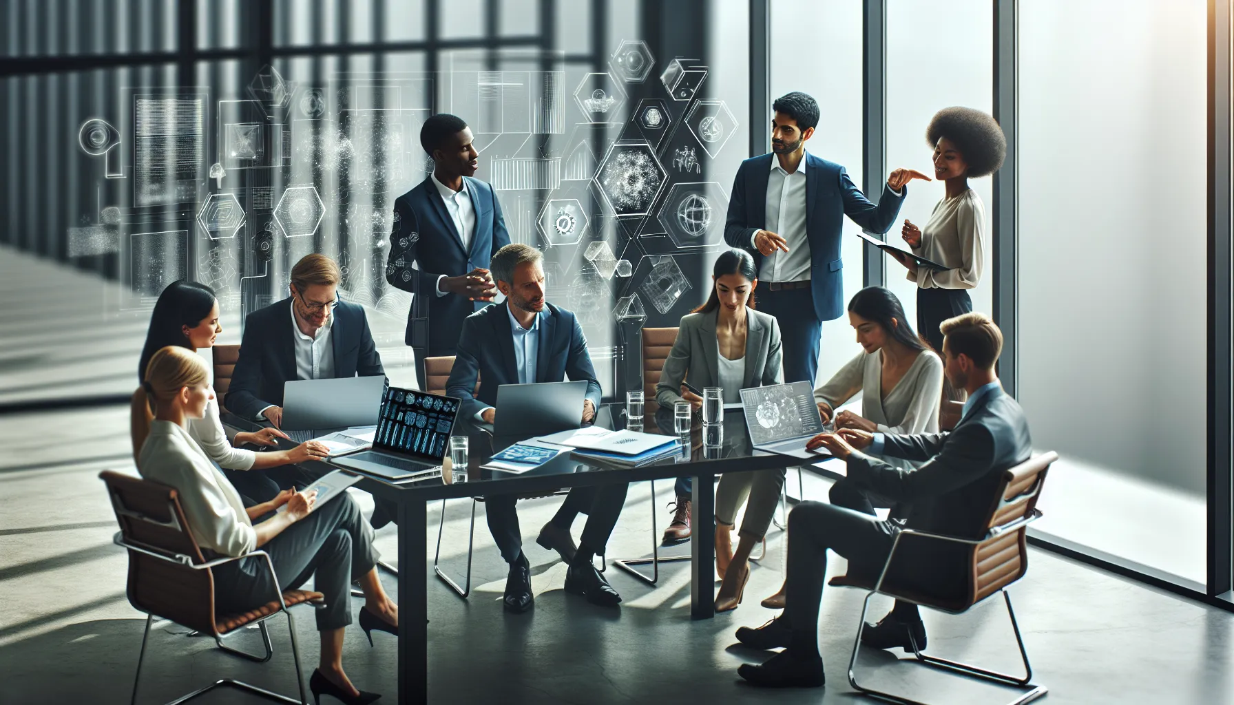 diverse team collaborating on innovative digital tools in a modern office.