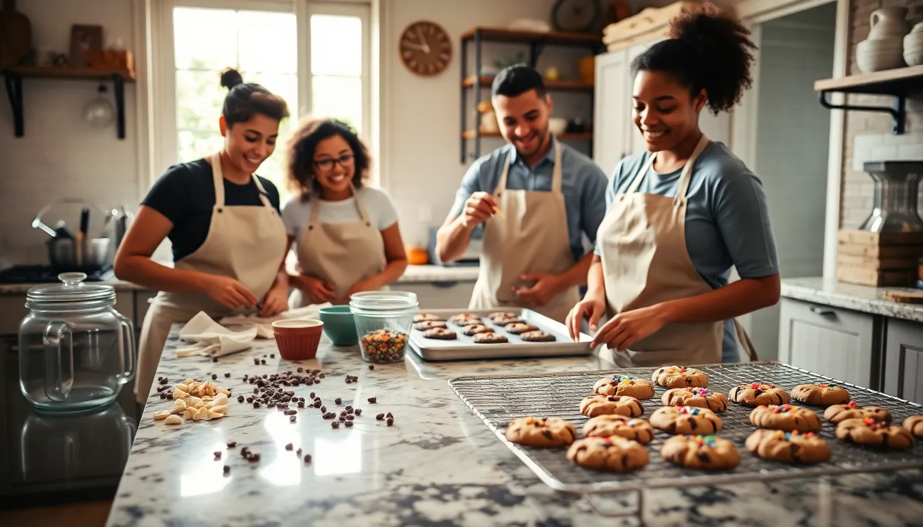 diverse bakers joyfully baking cookies in a cozy kitchen.