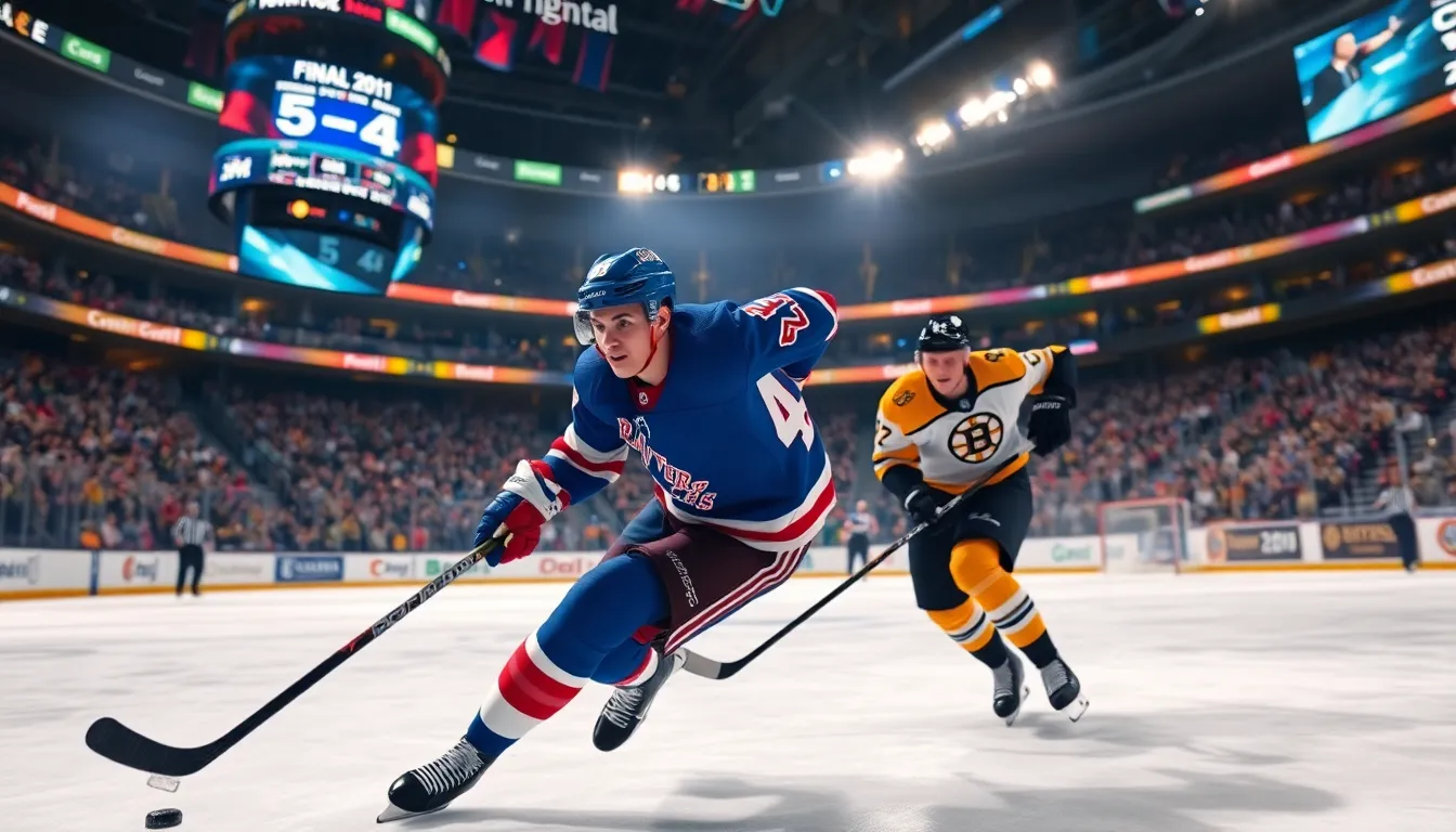 hockey players in action during an intense NHL game.