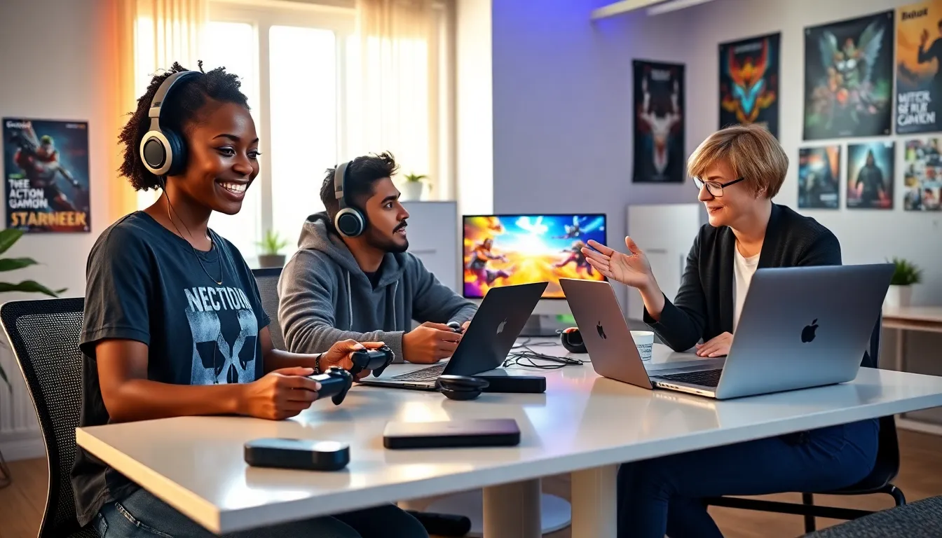 diverse group of friends gaming around a table in a lively workspace.