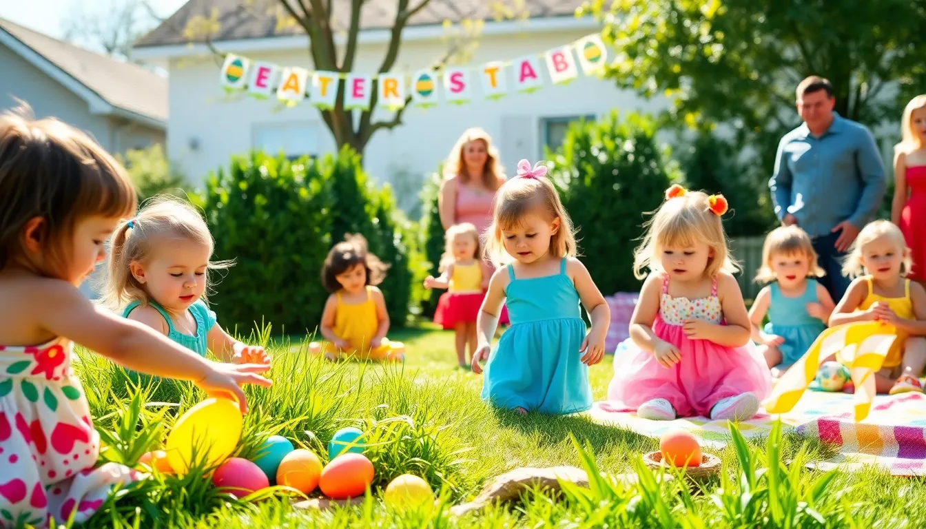 children enjoying a colorful Easter egg hunt in a sunny yard.