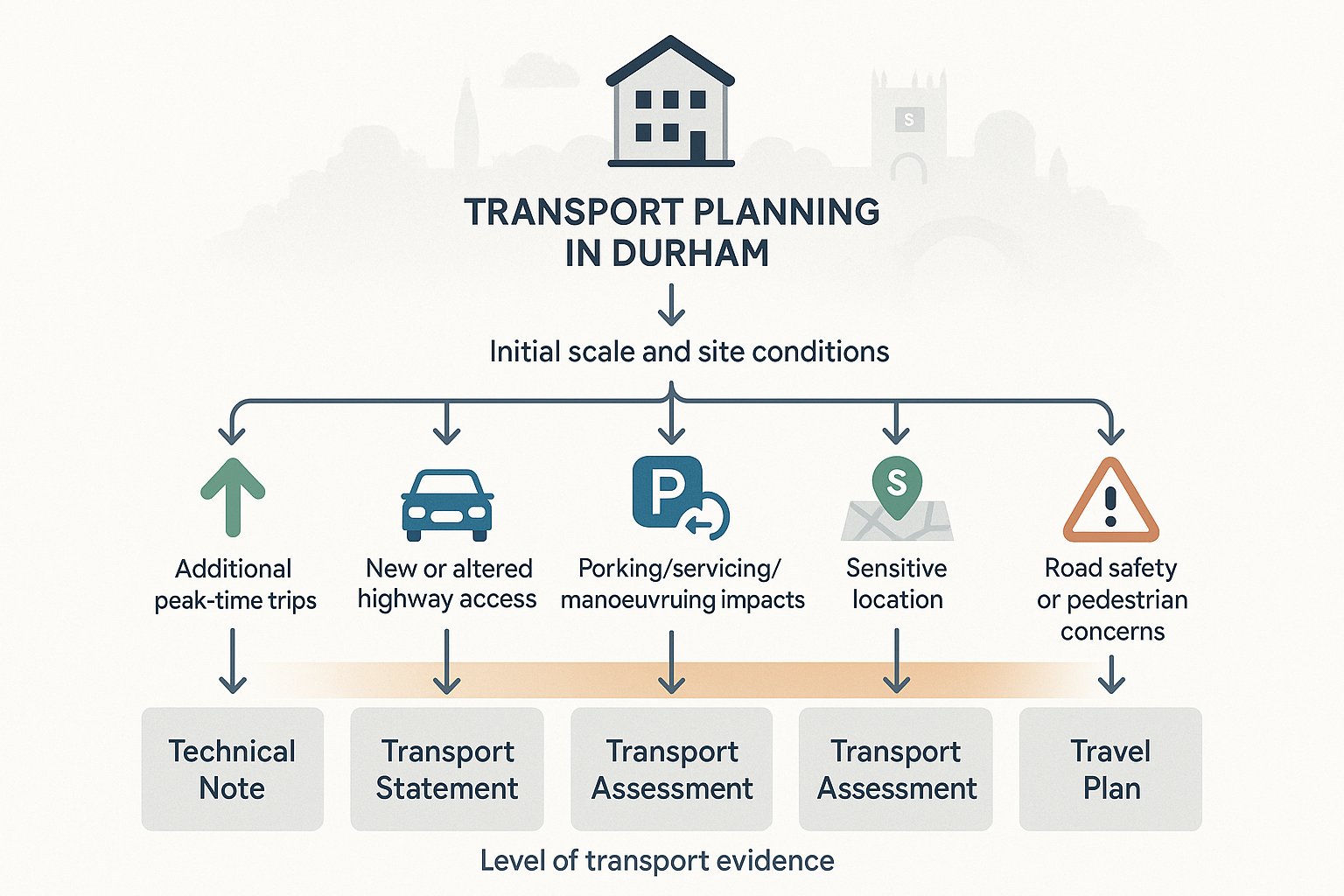 Decision-tree infographic showing when Durham developments need transport evidence.