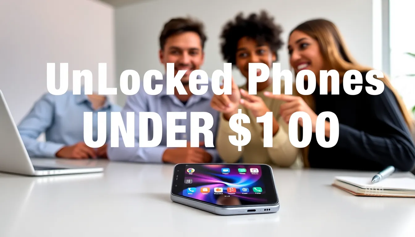 modern smartphone on a desk with diverse people discussing options.