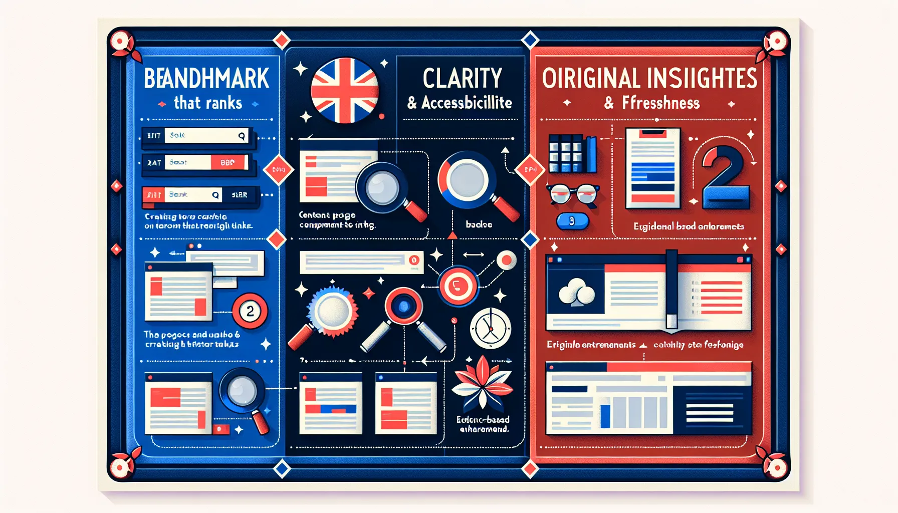 Process infographic on ranking content with clarity, data, and UK case study.