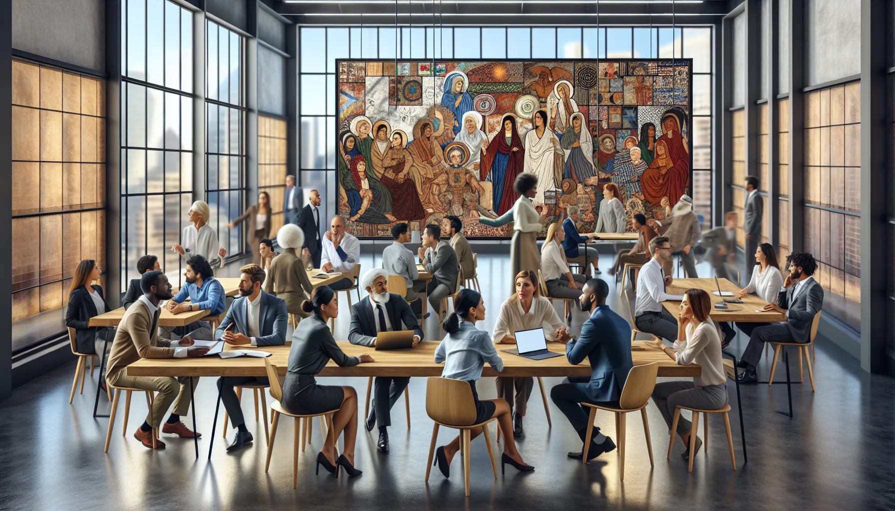 diverse group in a modern office discussing Kourisaduh's cultural significance.